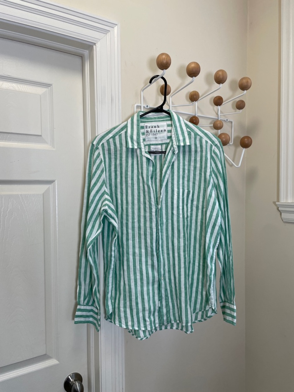 Frank & Eileen - Vertical Striped Linen Button Down Shirt - Green White - M